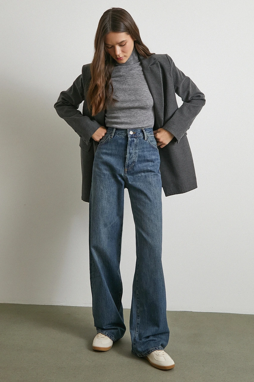 Yüksek Bel Beş Cepli Regular Fit Jean Lacivert Lacivert