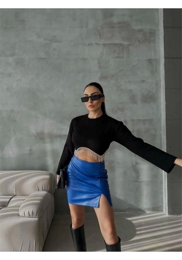 Kapitone Deri Etek Yırtmaçlı - Saks Saks