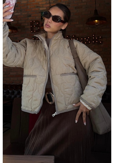 Bej Dik Yaka Kapitone Kadın Mont Mg2568 Bej