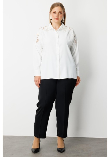 Moda İlgi Kadın Büyük Beden Nakış Detaylı Oversize Gömlek 0041 Ekru Ekru