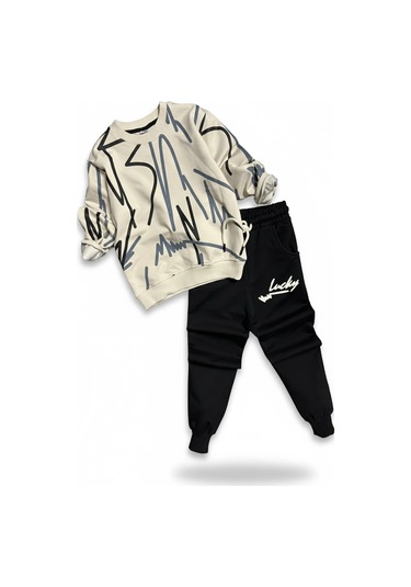 Çizgi Desenli Siyah Renk Erkek Çocuk Eşofman Takım Siyah