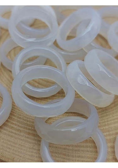 Akik Taşı Yüzük Sisli Beyaz Alacalı Faset Kesim 6mm Kalınlık 59914 Bakır