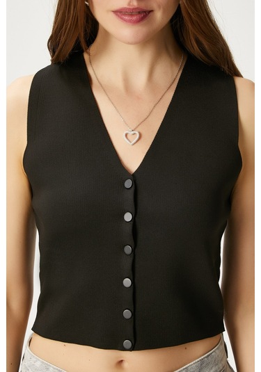Ritnice Kadın Petite Çıtçıtlı Crop Siyah Triko Yelek Siyah