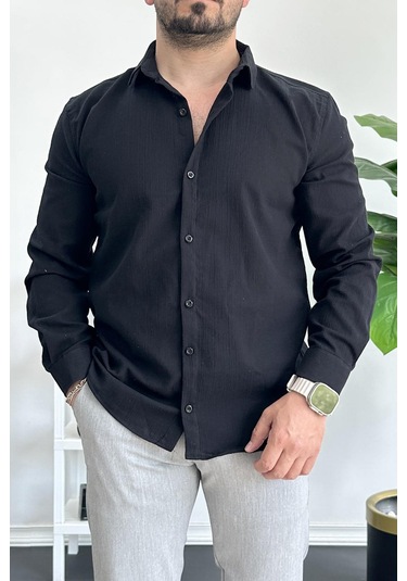 Erkek Krinkıl Kumaş Gömlek Siyah Edw362 Siyah