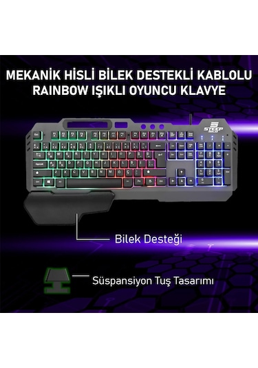 Gaming Klavye Mekanik Hisli Bilek Destekli Kablolu Rainbow Işıklı Oyuncu Klavye
