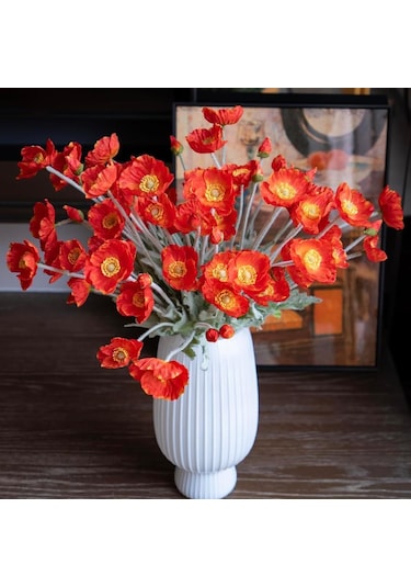 Yapay Çiçek Gelincik Çiçeği Kırmızı Renk 3 Çiçek 1 Tomurcuk 59cm