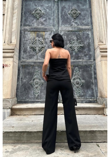 Modasize Siyah Straplez Düğmeli Crop Ve Pantolon Takım Siyah