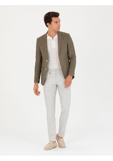Cacharel Haki Slim Fit %100 Keten Ceket Yesıl
