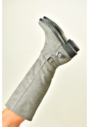 Fox Shoes Gri Süet Kısa Topuklu Kadın Çizme E726203402 Gri