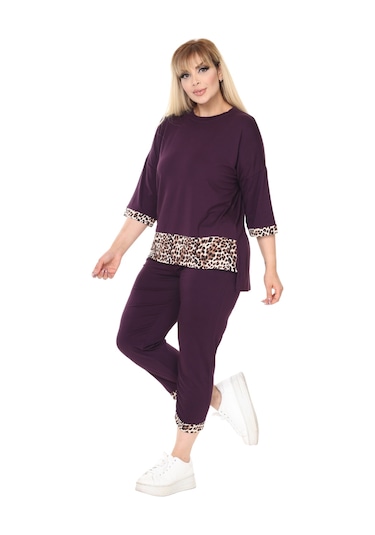 Melsay Butik Mor Leopar Şeritli Büyük Beden Kadın Kapri Takımı Mor