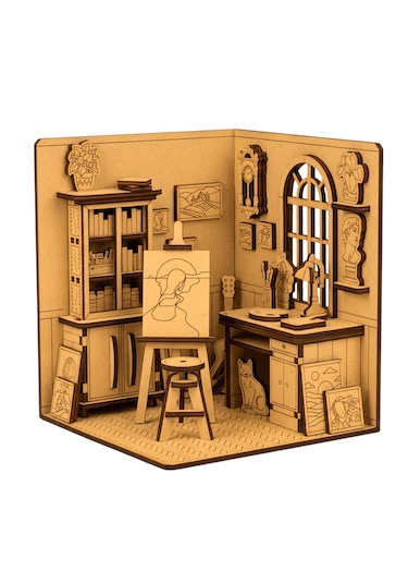 Sanat Atölyesi Ahşap Maket Seti Dıy Miniatür Artist Workshop Peri Led'li 3d Puzzle