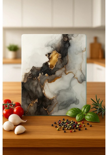 Cam Kesme Tahtası, Kesme Tablası Kenarları Oval, Antibakteriyal, Sunum Tahtası Siyah Siyah