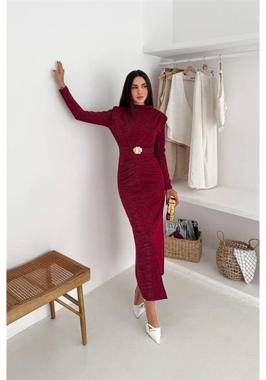 Neşeli Butik Kadın Kol Vatkalı Toka Detaylı Drapeli Maxi Elbise Nbk4358 Bordo