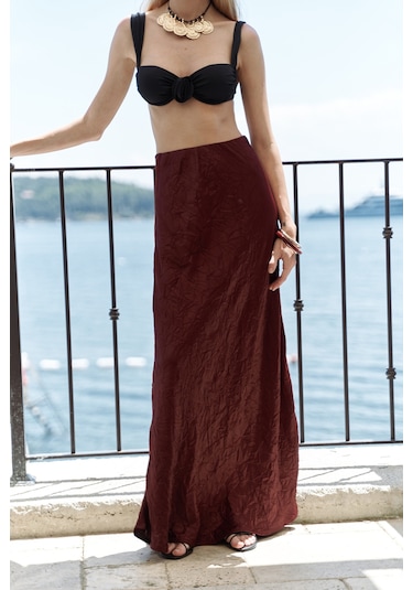 Eubah Kırışık Uzun Bordo Saten Etek Bordo
