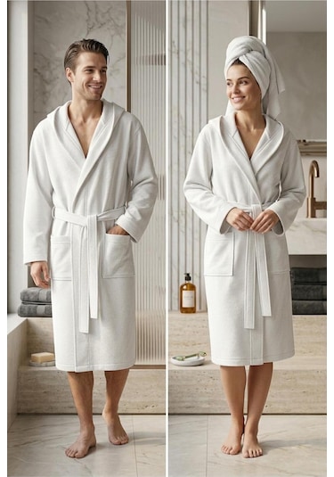 Soft Comfort Lacost Örgü Unisex Kapüşonlu Bornoz Beyaz