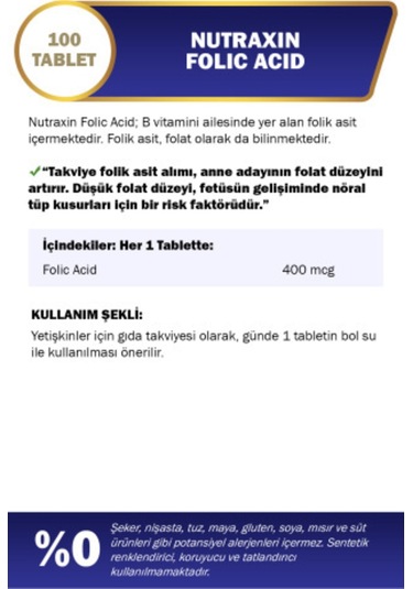 Nutraxin Folic Acid 400 Mcg 100 Tablet 2 Adet