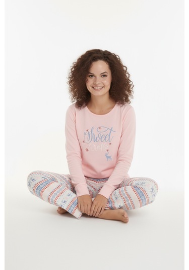 Luxury Thermal Sweet Winter Geyik Desenli Kadın Polar Kışlık Pijama Takımı 42054 Pembe