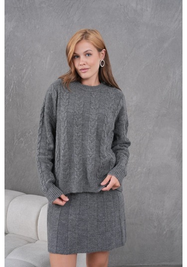 Kadın Bisiklet Yaka Saç Örgü Kazak Etek İkili Triko Takım Antrasit