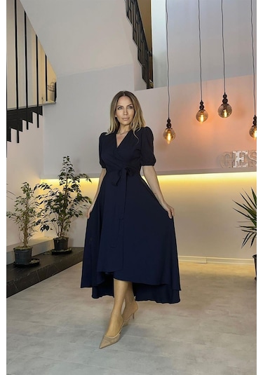 G0505 Kruvaze Yaka Kuşaklı Asimetrik Elbise Lacivert-lacivert