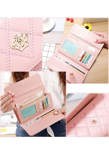 Trendooze Linjinxu Kadınlar İçin Pembe Pu Deri 3-katlanır Argyles Metal Taç Cüzdan Bozuk Para Kesesi Uzun Tasarım Diğer