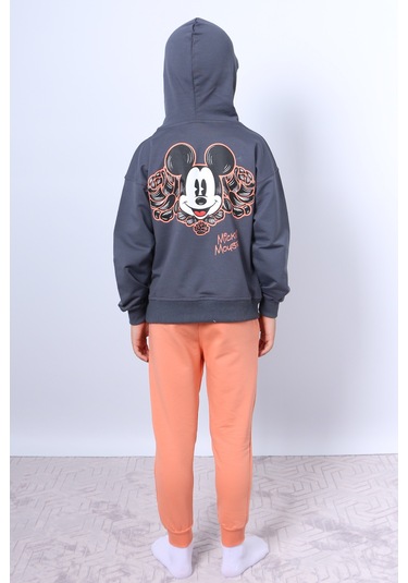 Erkek Çocuk Kapşonlu Eşofman Takımı Mickey Mouse Sırt Baskılı Ribanalı F3 Turuncu