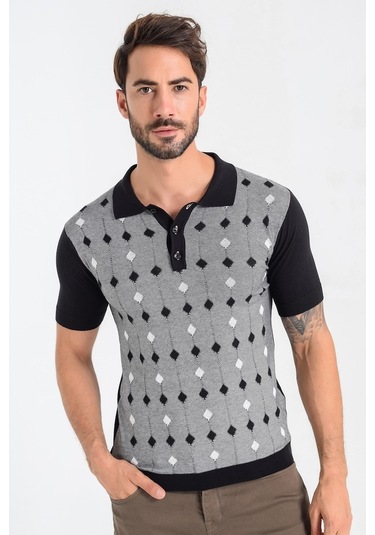 Heyss Kısa Kollu Polo Yaka Desenli Erkek Triko Siyah