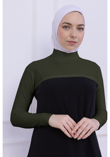 Balıkçı Yaka Boyunluklu Kolluk Haki Yeşil - Likralı Dik Yakalı Kadın Body Tesettür Crop Bolero Haki