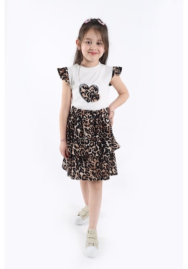 Aden Kids Kız Çcouk Leopar Desenli Alt Üst Etekli Takım Kahverengi