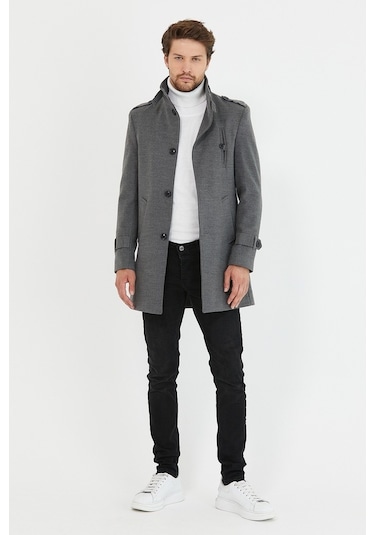 Erkek Gri Dar Kesim Dik Yaka Uzun Kaşe Kaban-Gri