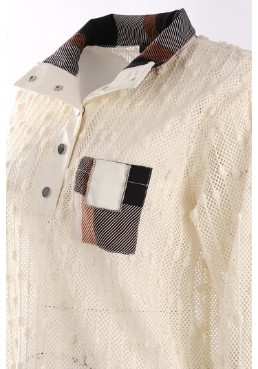 Vedi Oversize Uzun Kol Minimalist File Detaylı Kadın Bluz Ekru