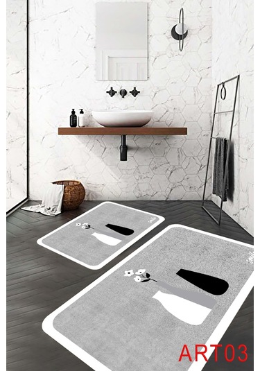 Eco Concept Banyo Paspası, Kaymaz Taban, Çiçek Desenli, Klozet Ta Gri - Beyaz