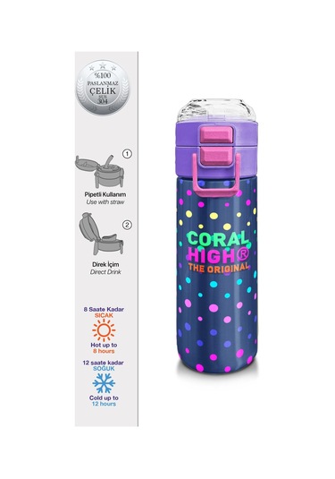Coral High Kids Lacivert Puantiyeli Desenli Pipetli Ve Direkt İçim Çelik Termos 500 Ml 31872 Lacivert