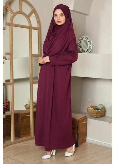 Tek Parça Namaz Elbisesi Mürdüm-21003 Gül Kurusu