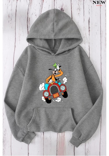 Arabalı Goffy Baskılı Sweatshirt Gri