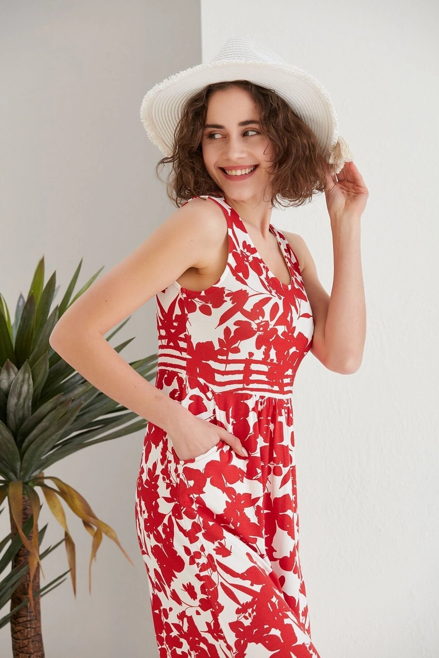 Kadın Kırmızı Çiçekli Cepli Spor Şık Kolsuz Viskon Curve Büyük Beden Günlük Elbise Beyaz