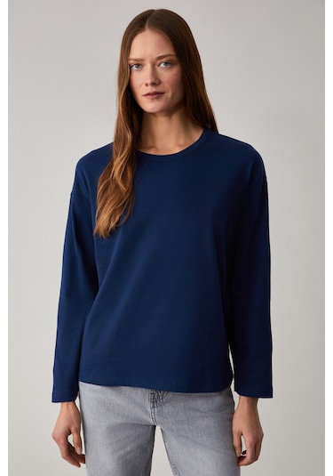 GRIMELANGE Basıl Kadını Oversize %100 Organik Pamuk Örme Uzun Kol Lacivert T-shirt Lacivert