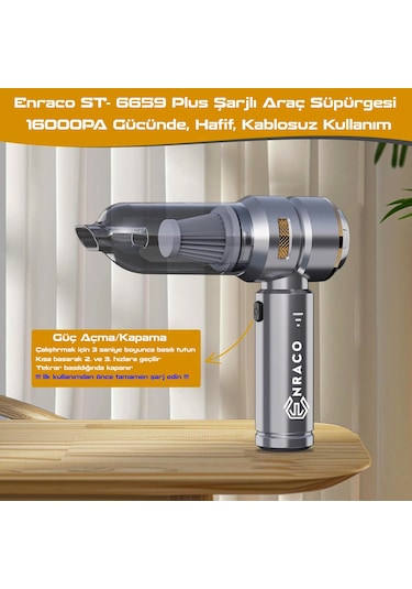 Enraco St-6659 Plus 16000pa Güçlü Portatif Taşınabilir Vakumlu Kablosuz Üflemeli Araç Süpürgesi