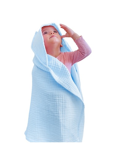 4 Katlı Müslin Kapşonlu Bebek Çocuk Banyo Havlusu Kundak Mavi