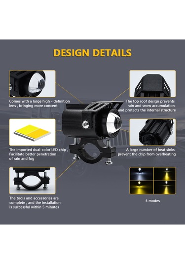 Xindoker Motosiklet Spot Lambası Çift Paket Siyah 60w 9-80v 4 Işık Modu Beyaz/sarı/sarı+beyaz/flash 200m Etkili Mesafe Zes-3570 Işık Pilleri