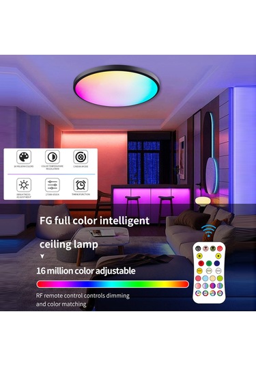 Neevoyu Oda İçin Siyah Çerçeveli Dairesel Led Tavan Lambası - Rgbcw Tam Renk, Akıllı Rf Kumanda, Aydınlatma Ve Renk Ayarlama, 220v-240v Avrupa Standartı Siyah