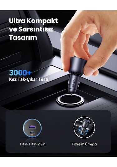Ugreen 63w 2 Portlu Araç İçi Şarj Cihazı Çakmaklık Adaptörü, 35023