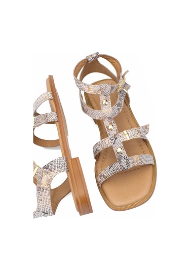 Elit Talia Kadın Hakiki Deri Düz Sandalet Bej Bej