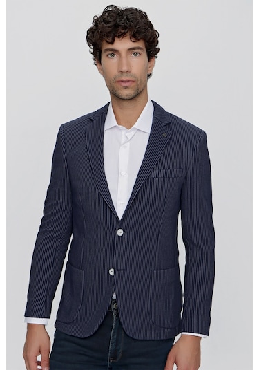 Morven Erkek Örme Çizgili Slim Fit Torba Cep Ceket 2009 Lacivert