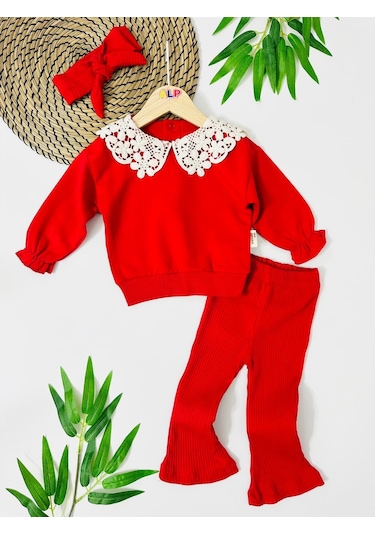 Çiçek Fisto Yaka Detay Fitilli Tayt Mevsimlik 3 Parça Set Kırmızı