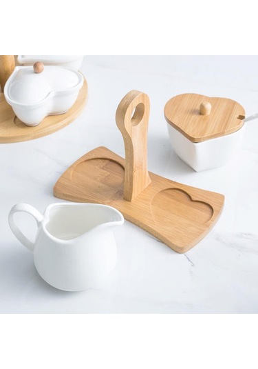Seramik Şeker Kasesi Ve Krem Sürahisi Bambu Tepsisi Ve Kaşıkla Set Ev Otel Şeker Ve Krema Seti Şeker Ve Amp Krema Tencere 4 Izgara