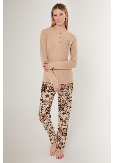 Arnetta 2642 Uzun Kol Kadın Pijama Takımı Bej V1 Bej