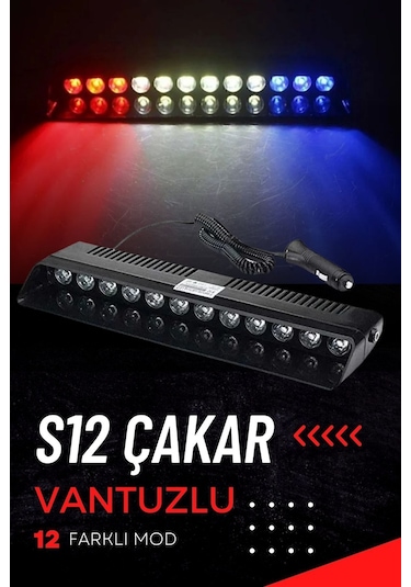 S12 Lamba Cam Içi Vantuzlu 12 Led Kırmızı Beyaz Mavi Çakmaklık Girişli 12 Mod