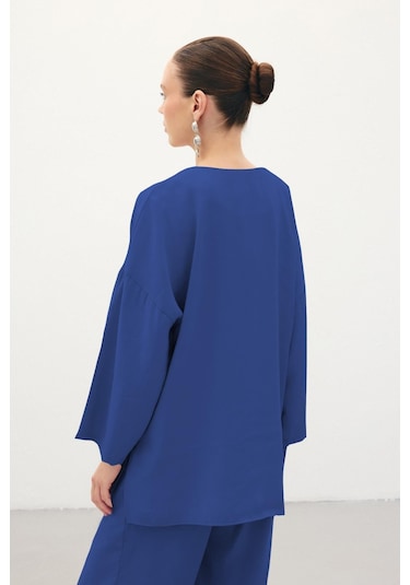 Sateen Düğmeli Kimono - İndigo-136358 İndigo