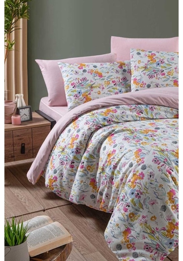 Mystory Home Lastikli Çarşaflı Çift Kişilik Nevresim Takımı Lily Pembe - Turuncu