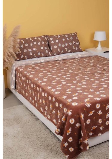 Kahve Papatyalı Çift Kişilik Peluş Battaniye Kahverengi